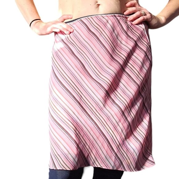90s Y2K Large Light Pink Diagonal Striped Skirt Chiffon Lined Pullon Knee Length - Picture 1 of 11